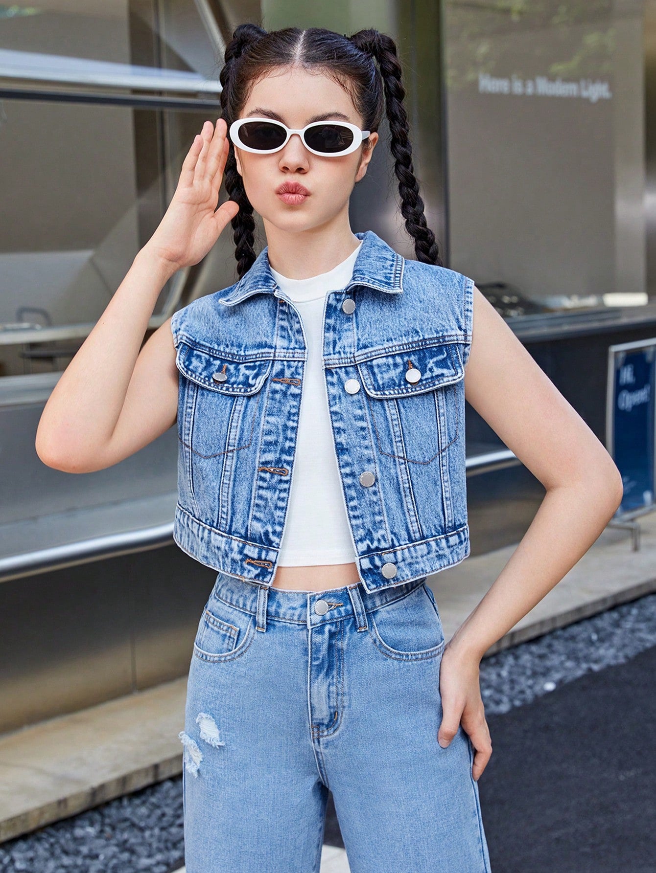 Teen Girl Flap Pocket Denim Vest Jacket