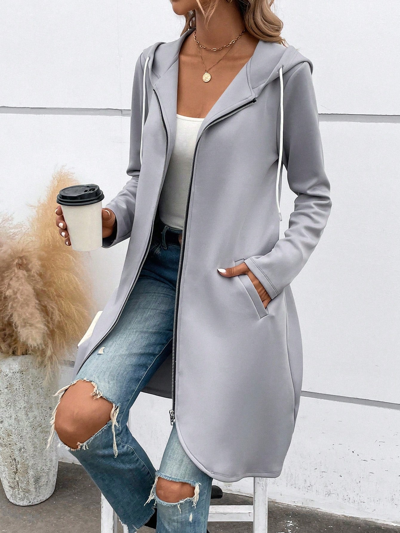 Zip Up Drawstring Hooded Coat