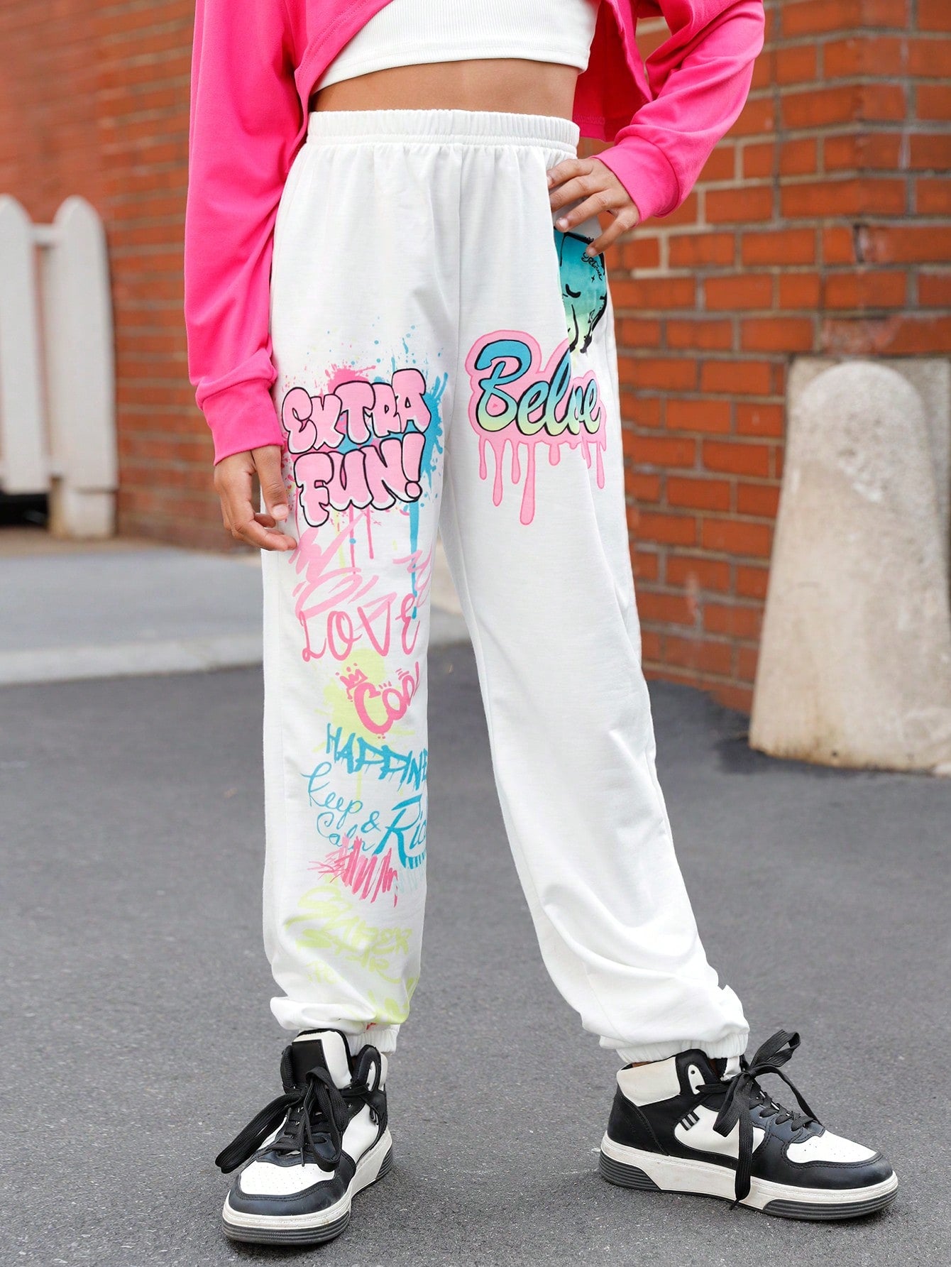 Tween Girl Letter Cartoon Bear Graphic Sweatpants