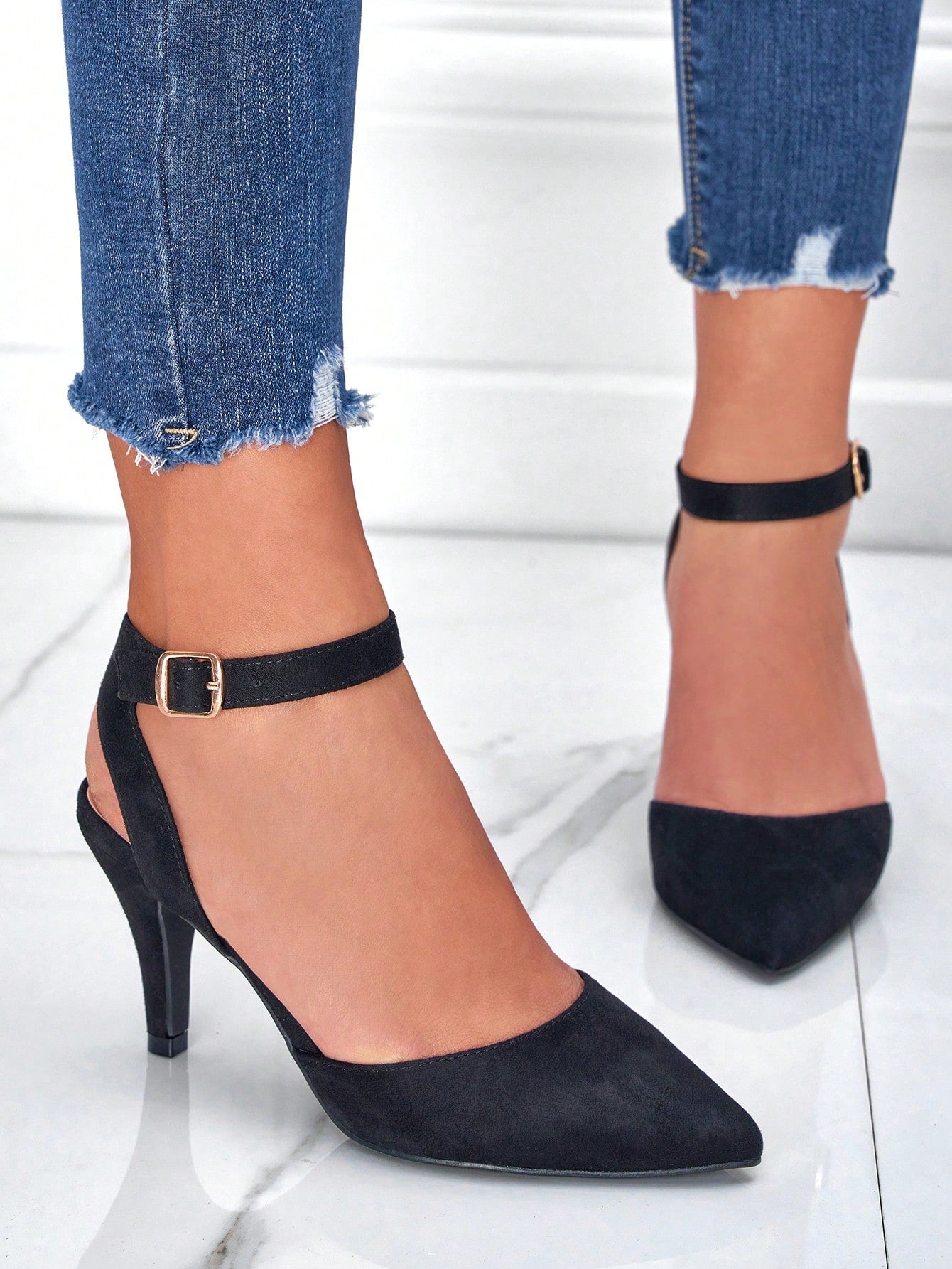 Suedette Stiletto Heeled Ankle Strap Pumps