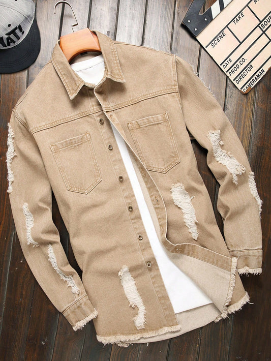 Men Ripped Frayed Raw Trim Denim Shirt Without Tee