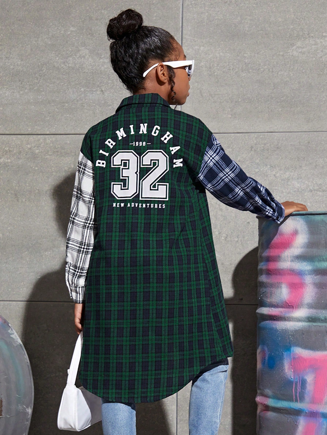 Tween Girl Plaid & Letter Graphic Drop Shoulder Colorblock High Low Hem Coat