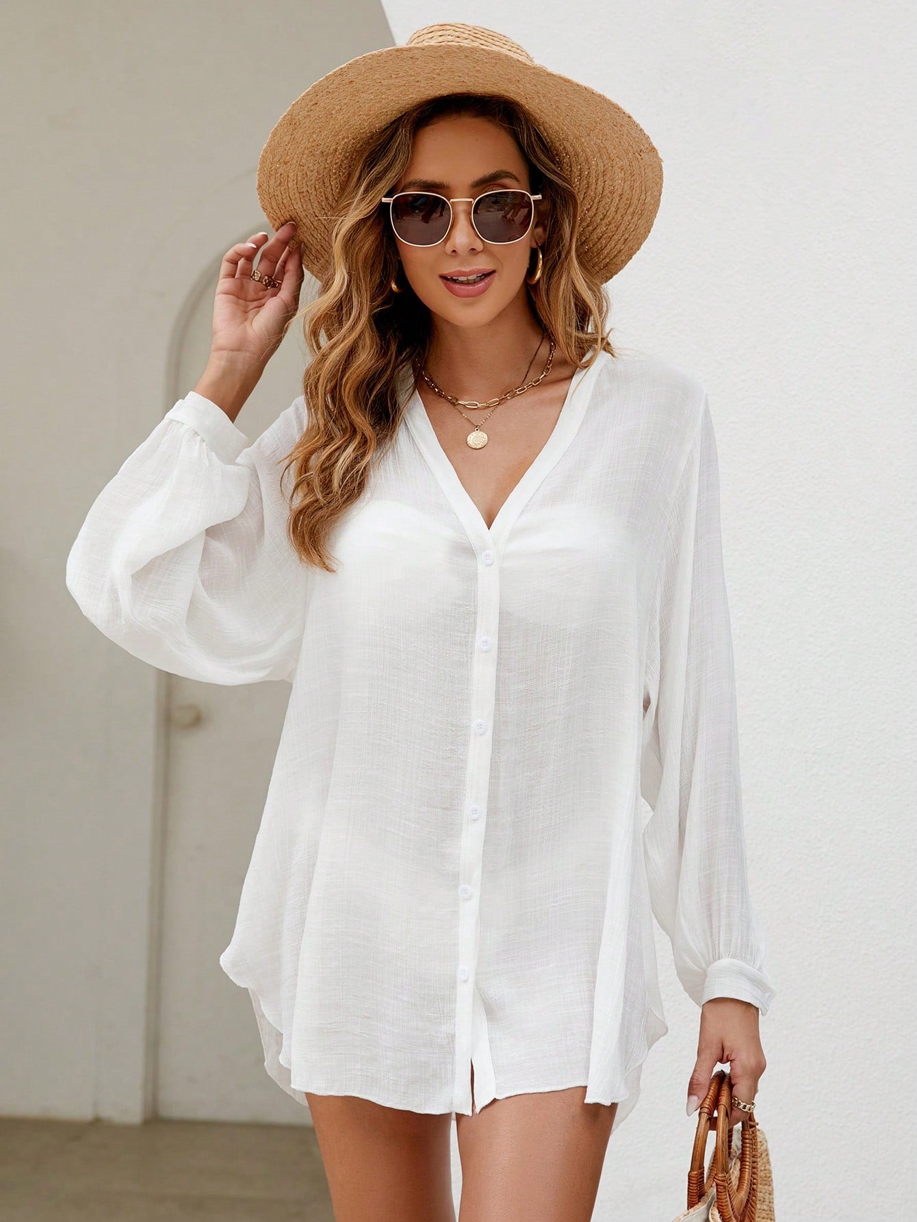 Swim Basics Summer Beach Solid Button Front Kimono