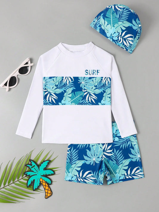 Young Boy Tropical Print Beach Swimsuit With Swim Cap