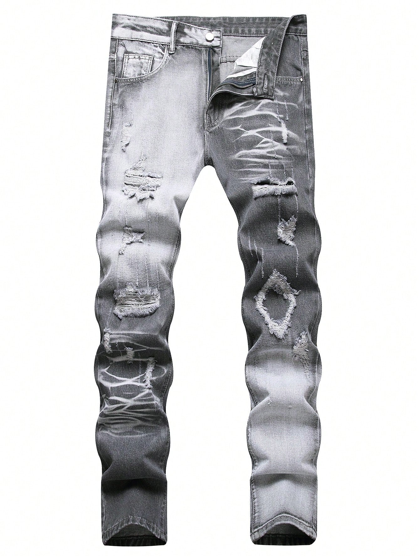 Men Cotton Ripped Frayed Bleach Wash Jeans