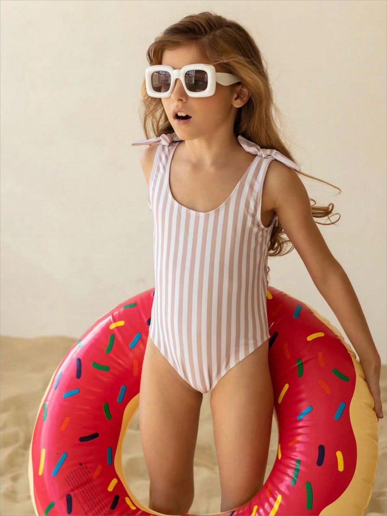 Young Girl Striped Bow Detail One Piece Swimsuit