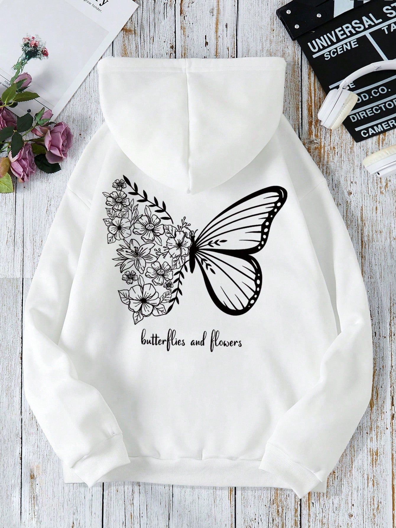 Butterfly & Slogan Graphic Drawstring Thermal Lined Hoodie Butterflies And Flowers