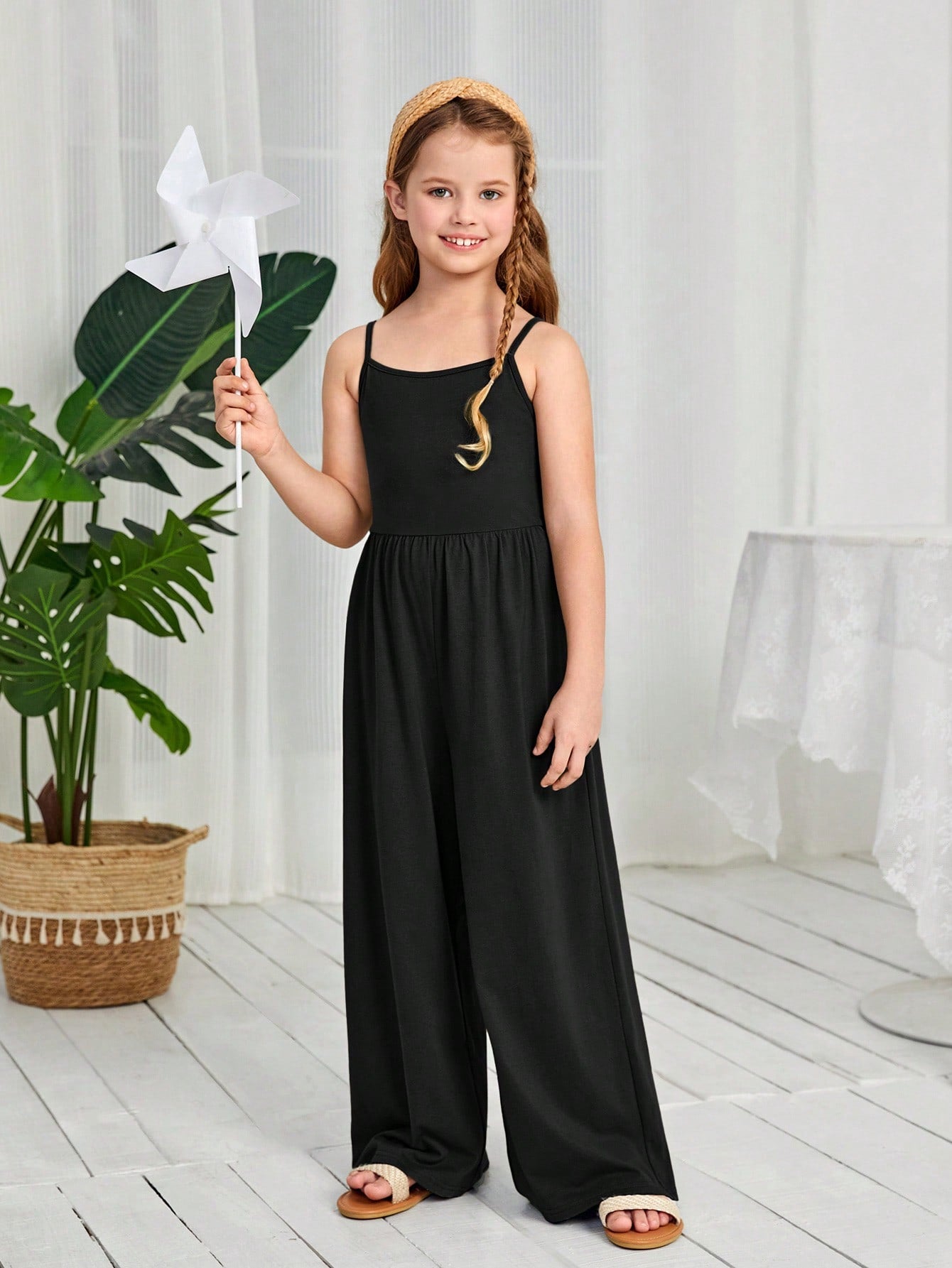 Solid Color Casual Cami Jumpsuit For Tween Girls, Wide-Leg Sleeveless Jumpsuit