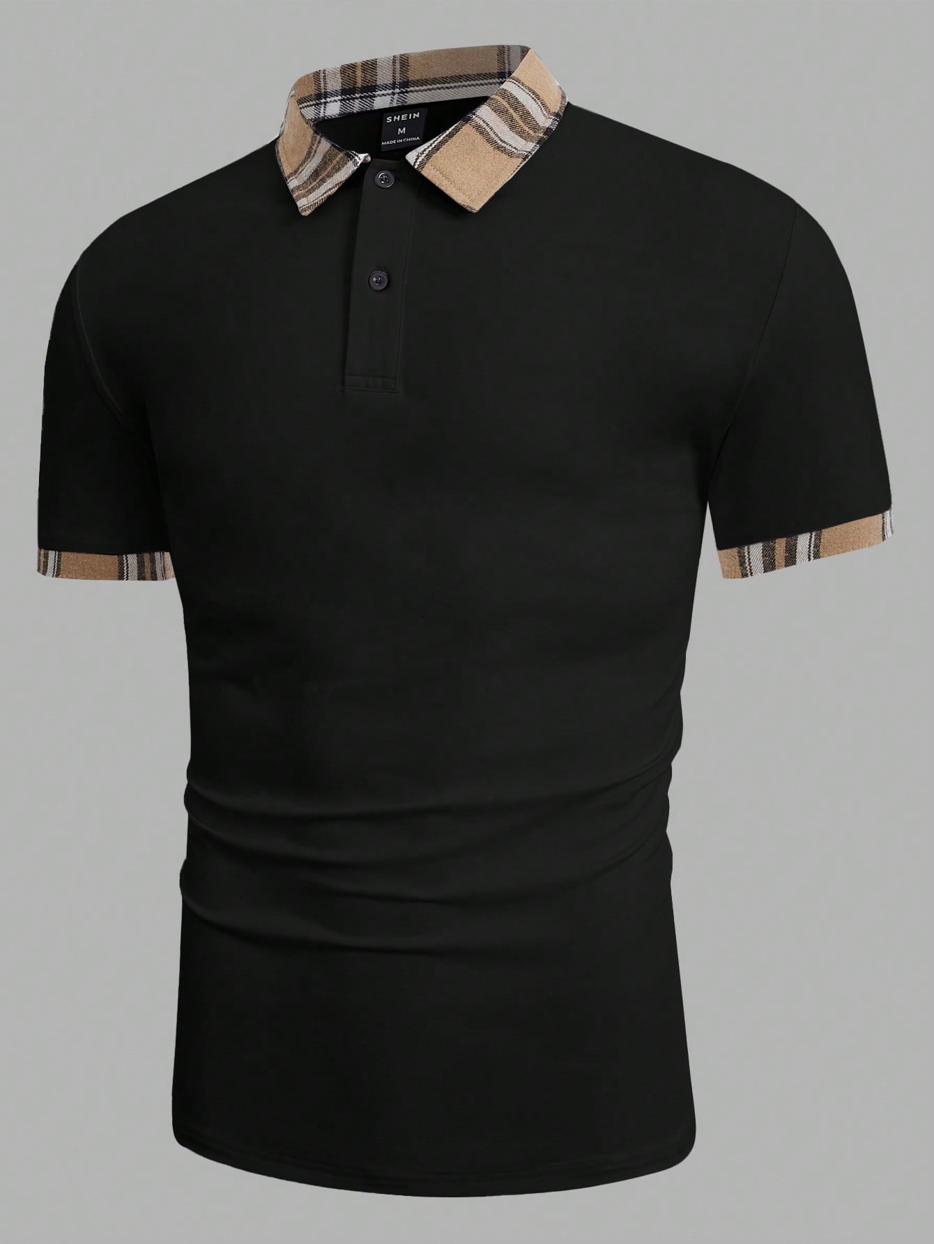 Men Contrast Plaid Collar Polo Shirt