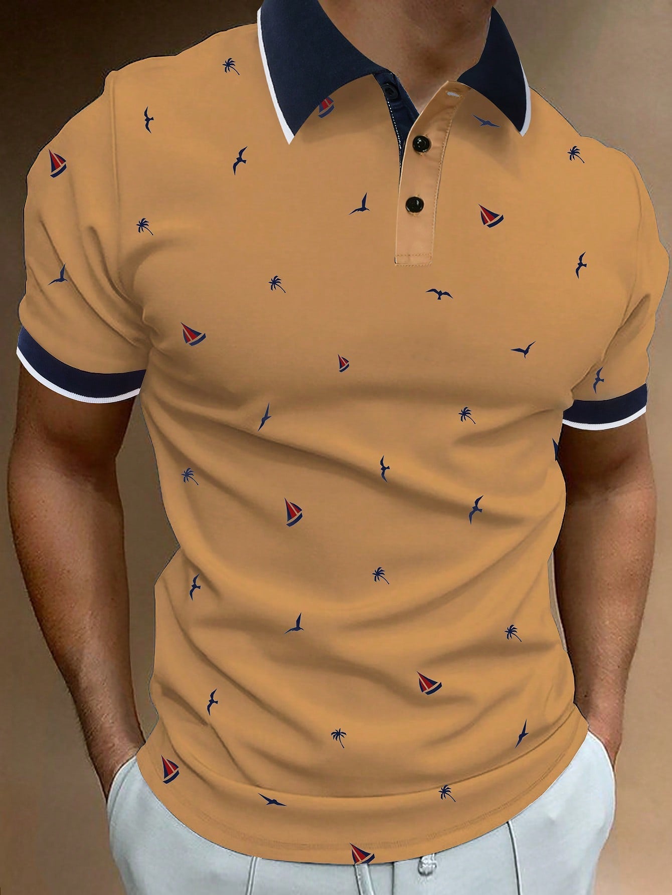 Men Allover Print Contrast Trim Polo Shirt