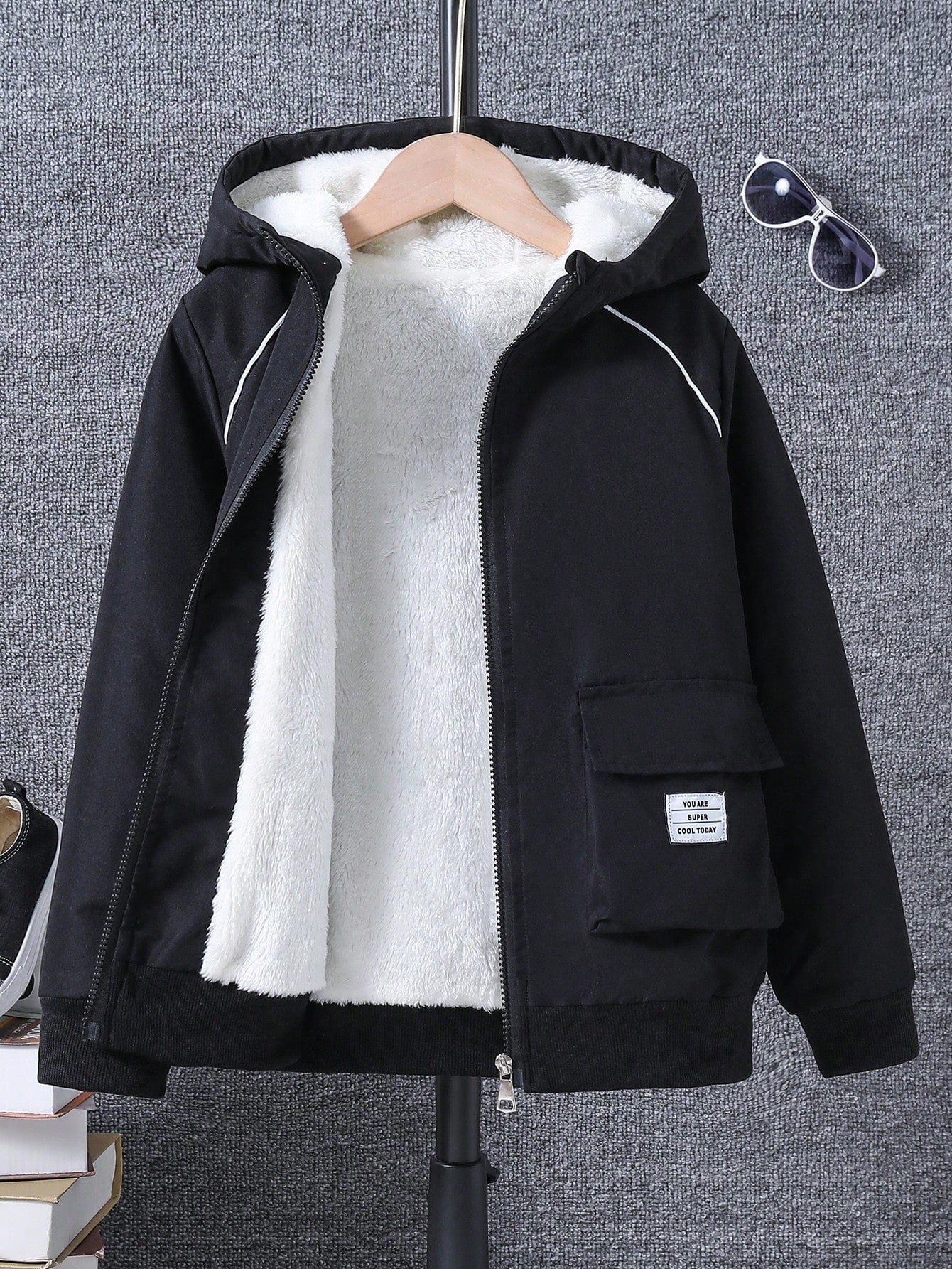 Tween Boy Letter Patched Detail Teddy Lined Hooded Jacket