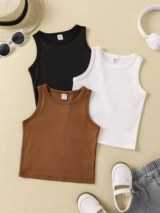 Young Girl Mom And Me Minimalist Stylish Tank Top, Perfect For Single Wear In Summer And Layering In Spring, Summer And Fall; Set Of 3 Classic Colors: Earth Tones, Black, White And Brown, Affordable And Suitable For Daily Wear, Travel, School And Outdoors