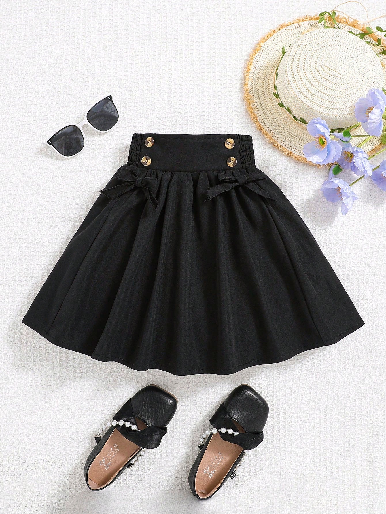 Young Girl Woven Solid Color Double-Breasted Skirt With Decorative Bowknot, A-Line