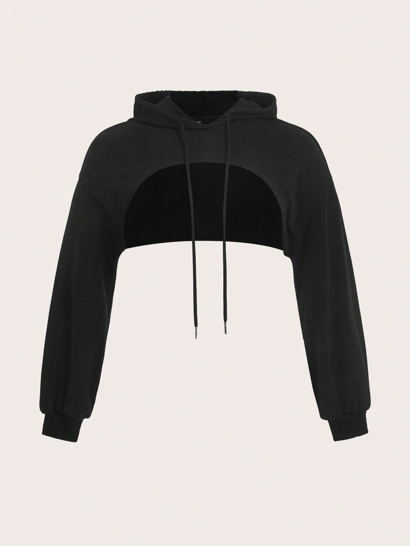 Plus Drop Shoulder Super Crop Drawstring Hoodie Without Cami Top