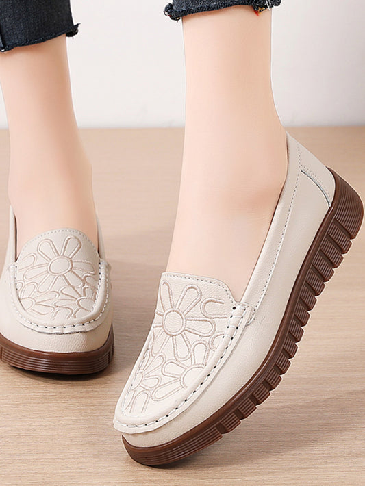 Ladies Embroidered Hand-Sewn Flat Slip-On Oxford Shoes With Beige Oxford Soles And Tight Fittings