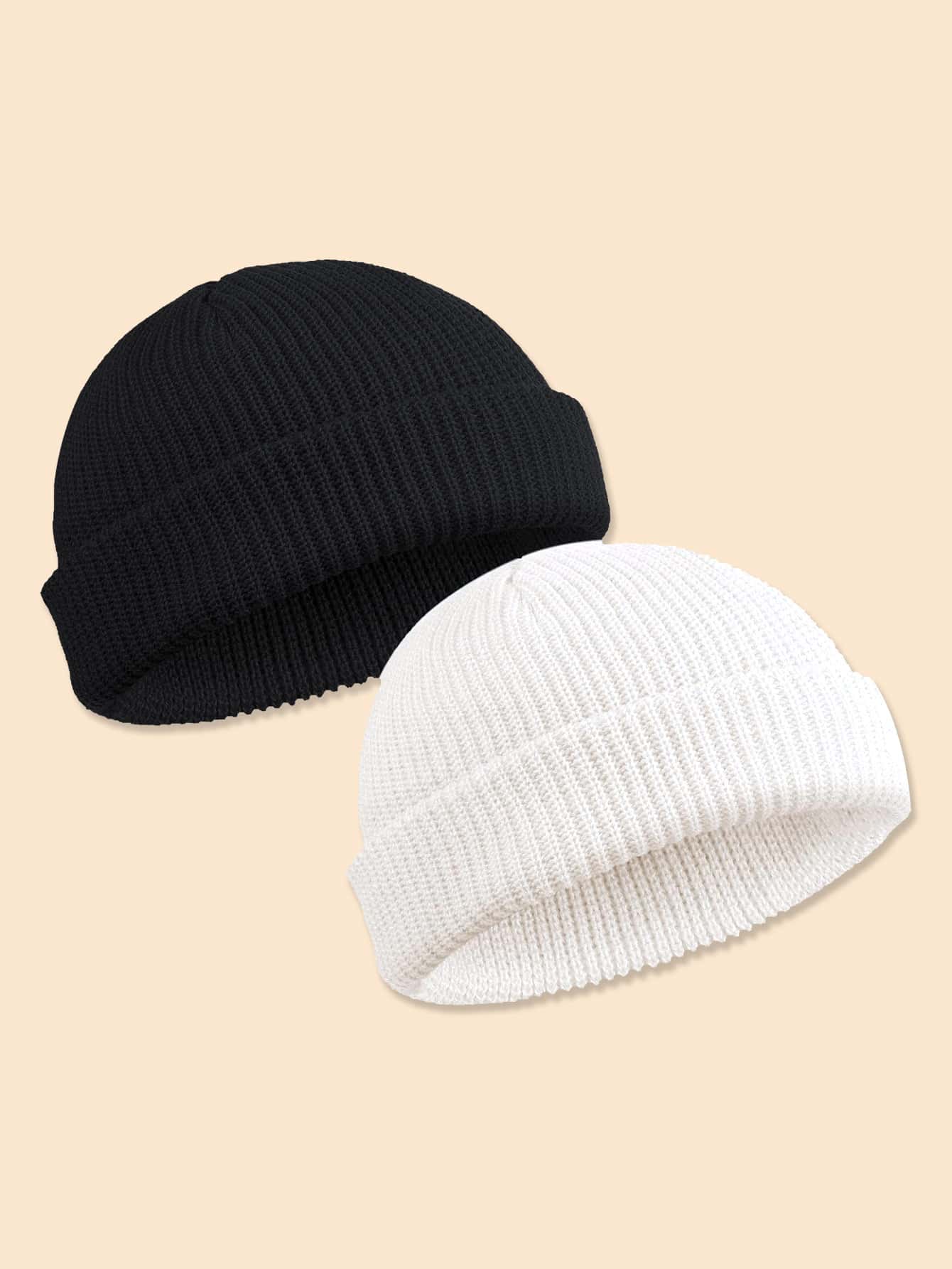 2pcs Infant Unisex Solid Color Knitted Winter Hat For Warmth