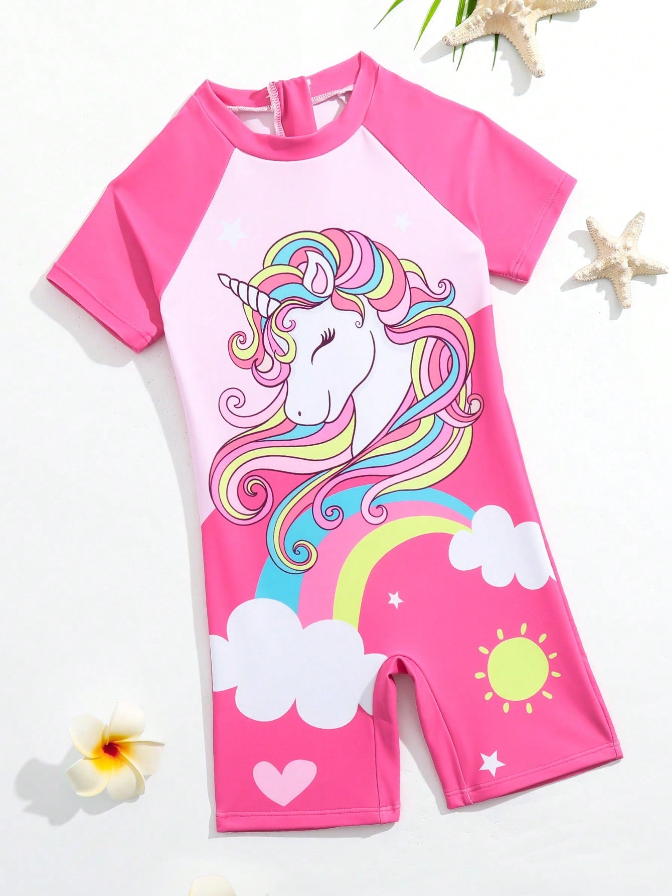 Young Girl Unicorn Print Contrast Raglan Sleeve One Piece Swimsuit