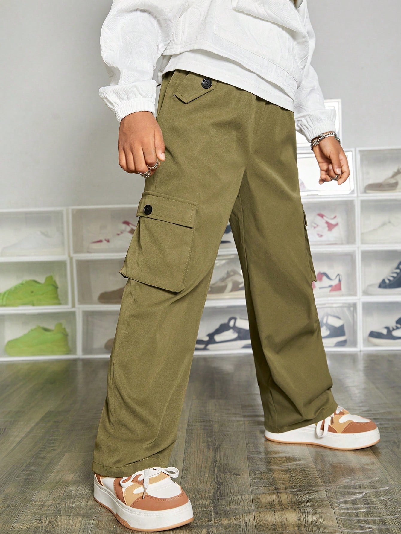 Tween Boy Baggy Straight Utility Pants With Slanted Pockets, Flap & Foldover Pocket Design