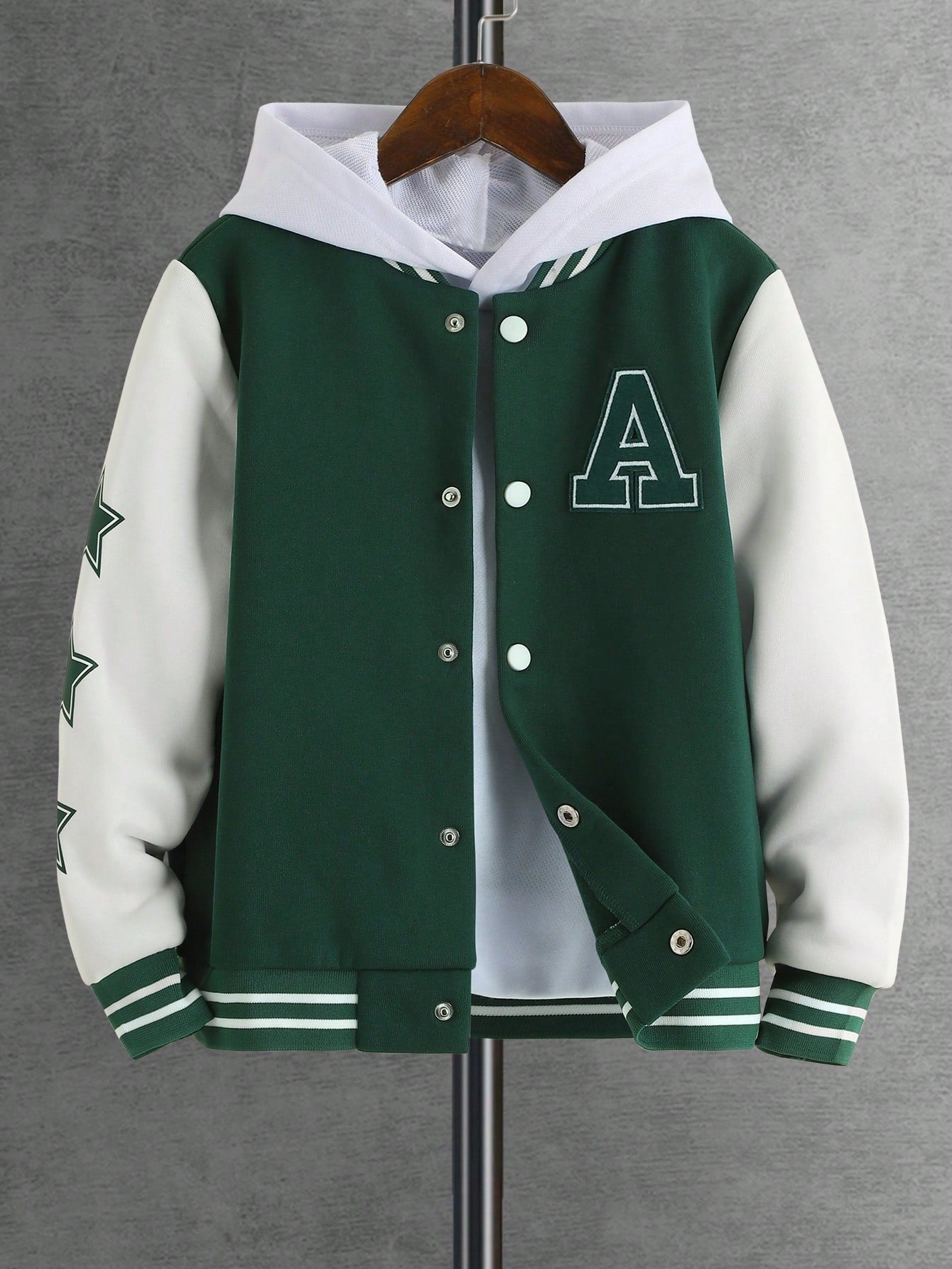 Tween Boy Letter Patched Striped Trim Varsity Jacket Without Hoodie