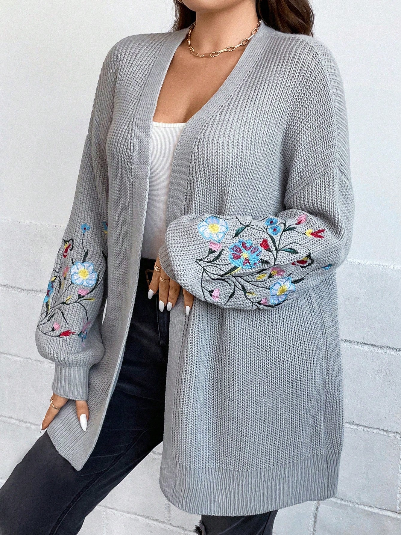 Plus Floral Embroidery Drop Shoulder Duster Cardigan