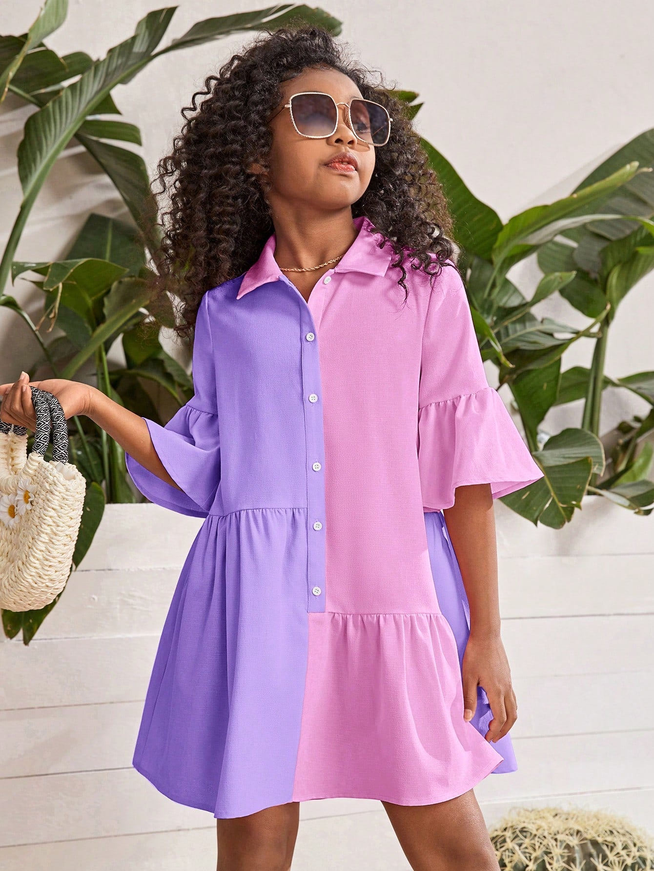 Tween Girl Two Tone Flounce Sleeve Ruffle Hem Smock Dress