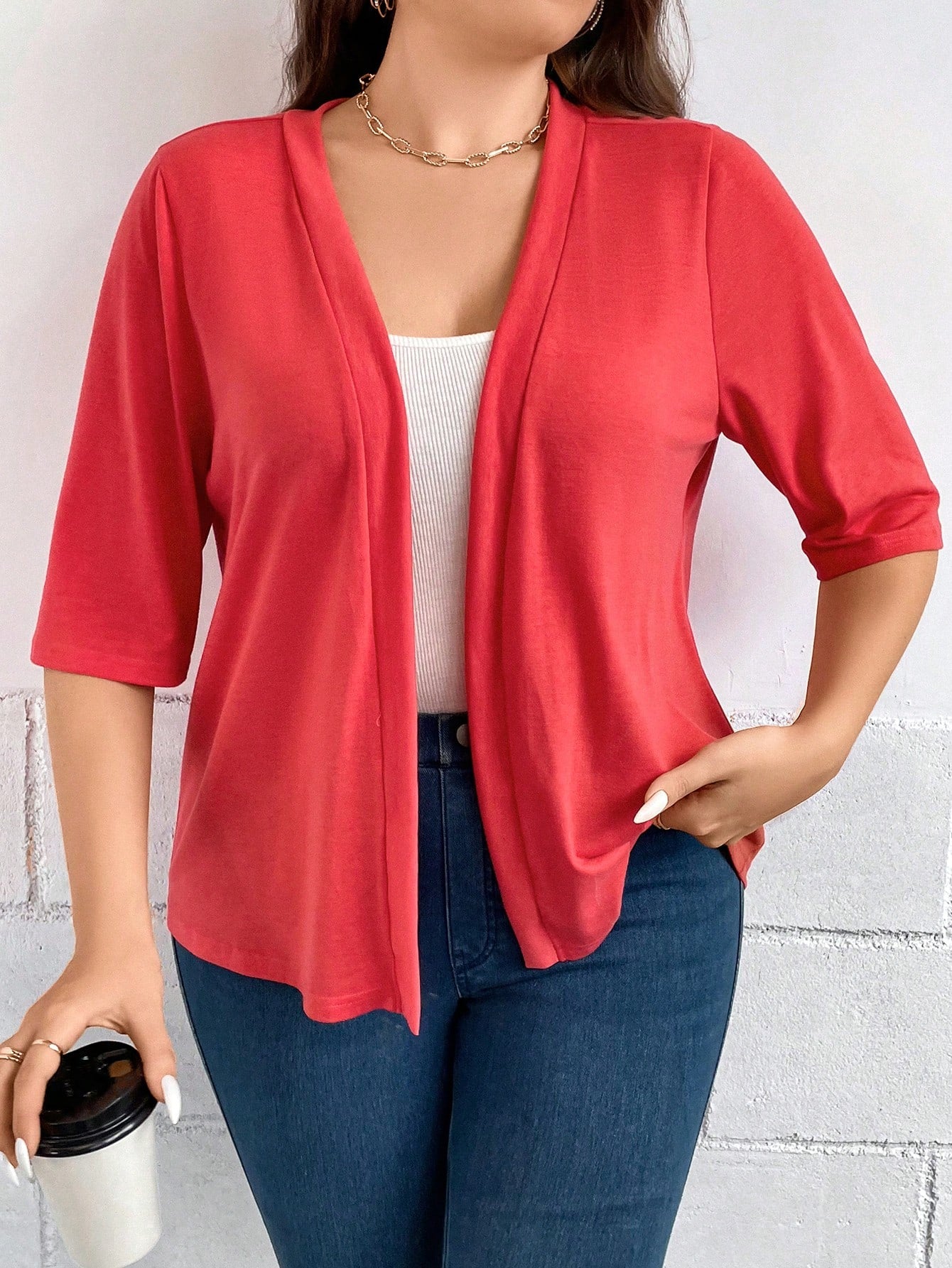 Plus Size Women's Summer Solid Color Short Sleeve Open-Front Casual Jacket