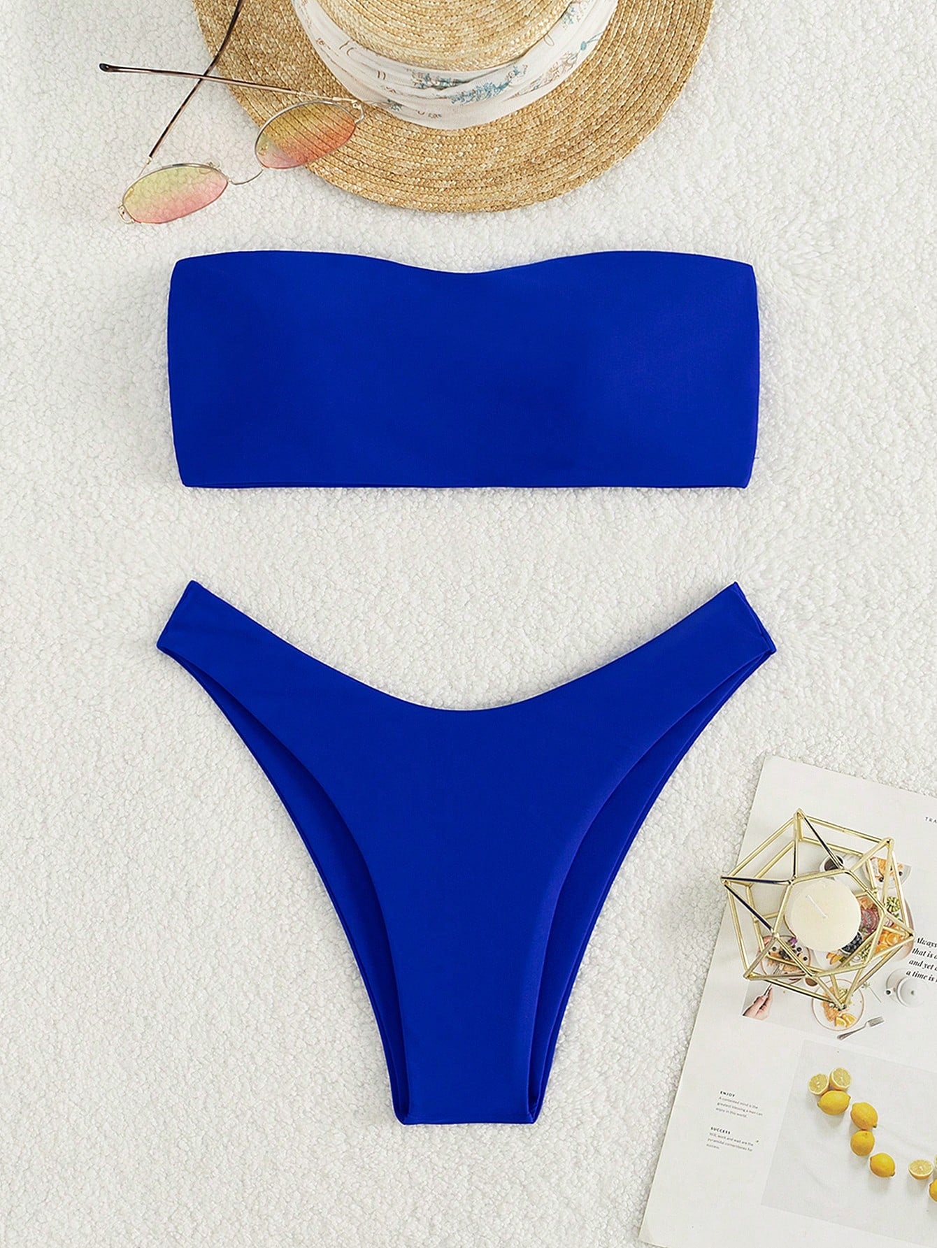 Swim Summer Beach Solid Bikini Set Bandeau Bra & High-Leg Cut Bottom 2 Pieces Bikini