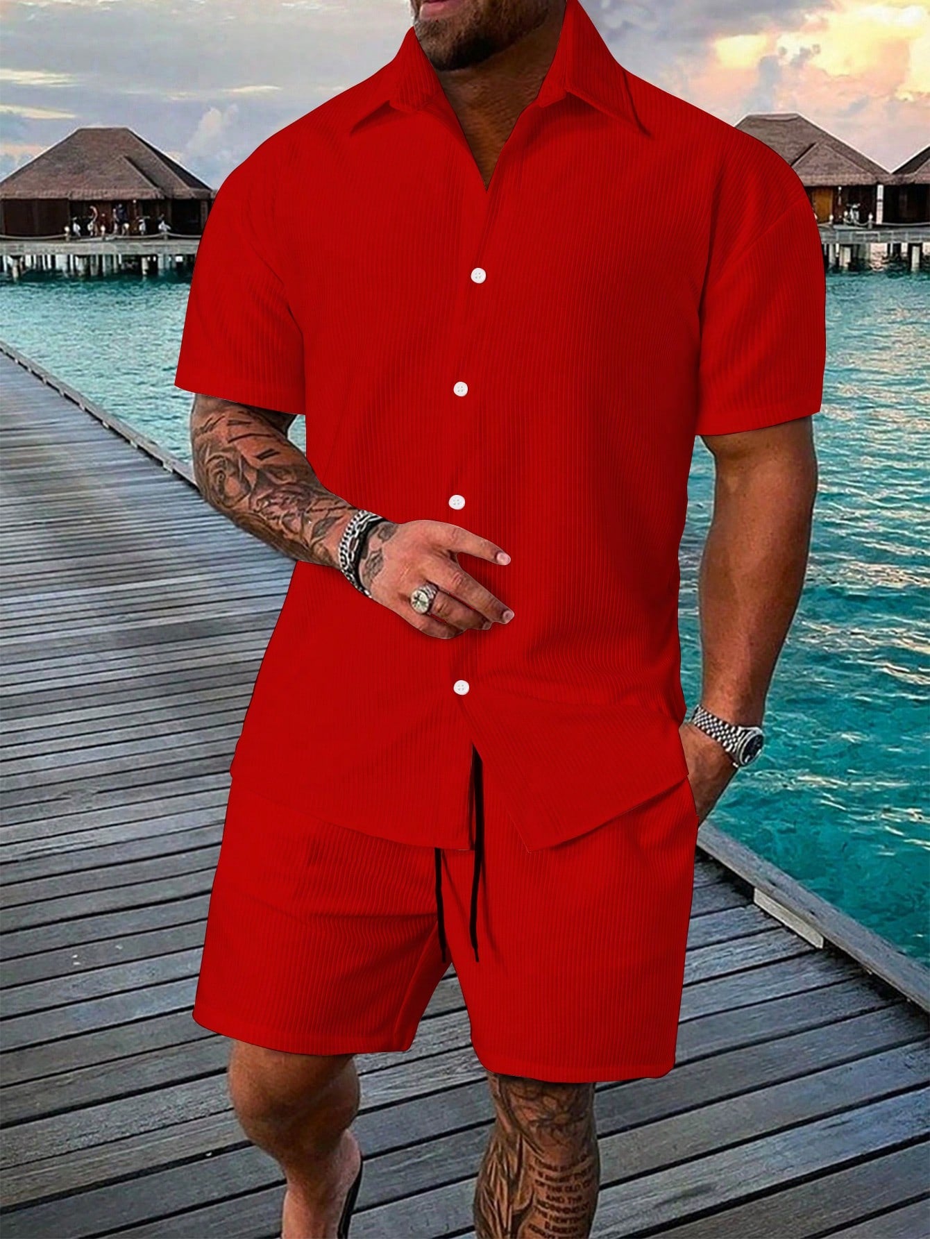 Men Solid Button Up Shirt & Drawstring Waist Shorts