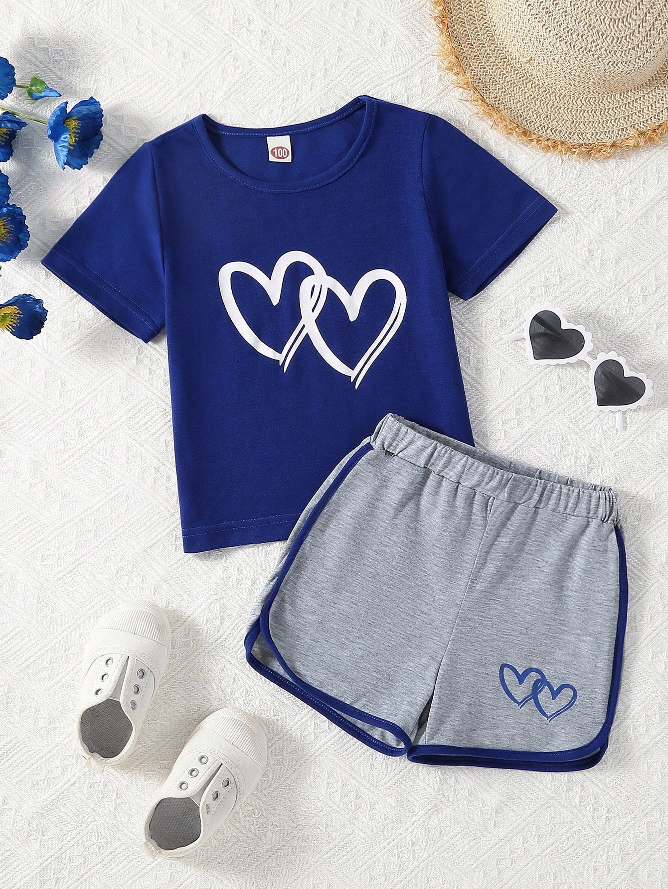 Young Girl Heart Print Tee & Contrast Binding Shorts