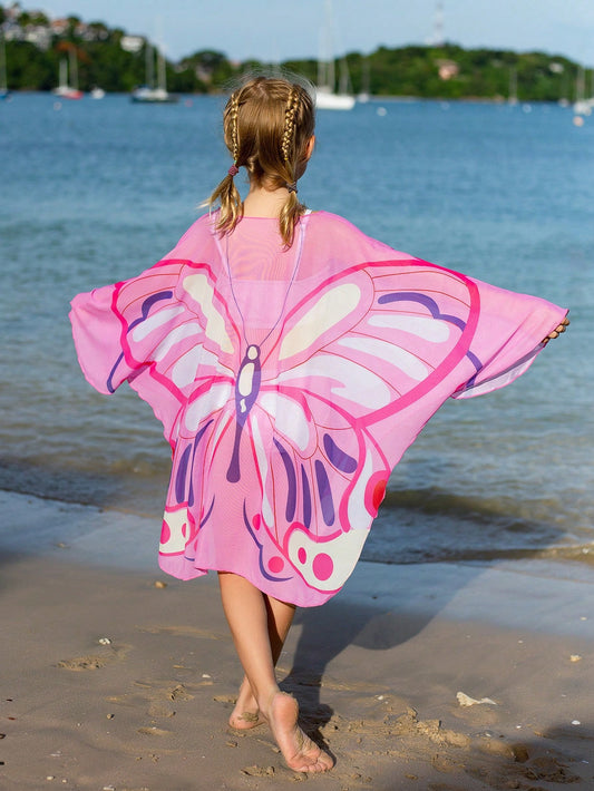 Tween Girl Butterfly Print Batwing Sleeve Cover Up