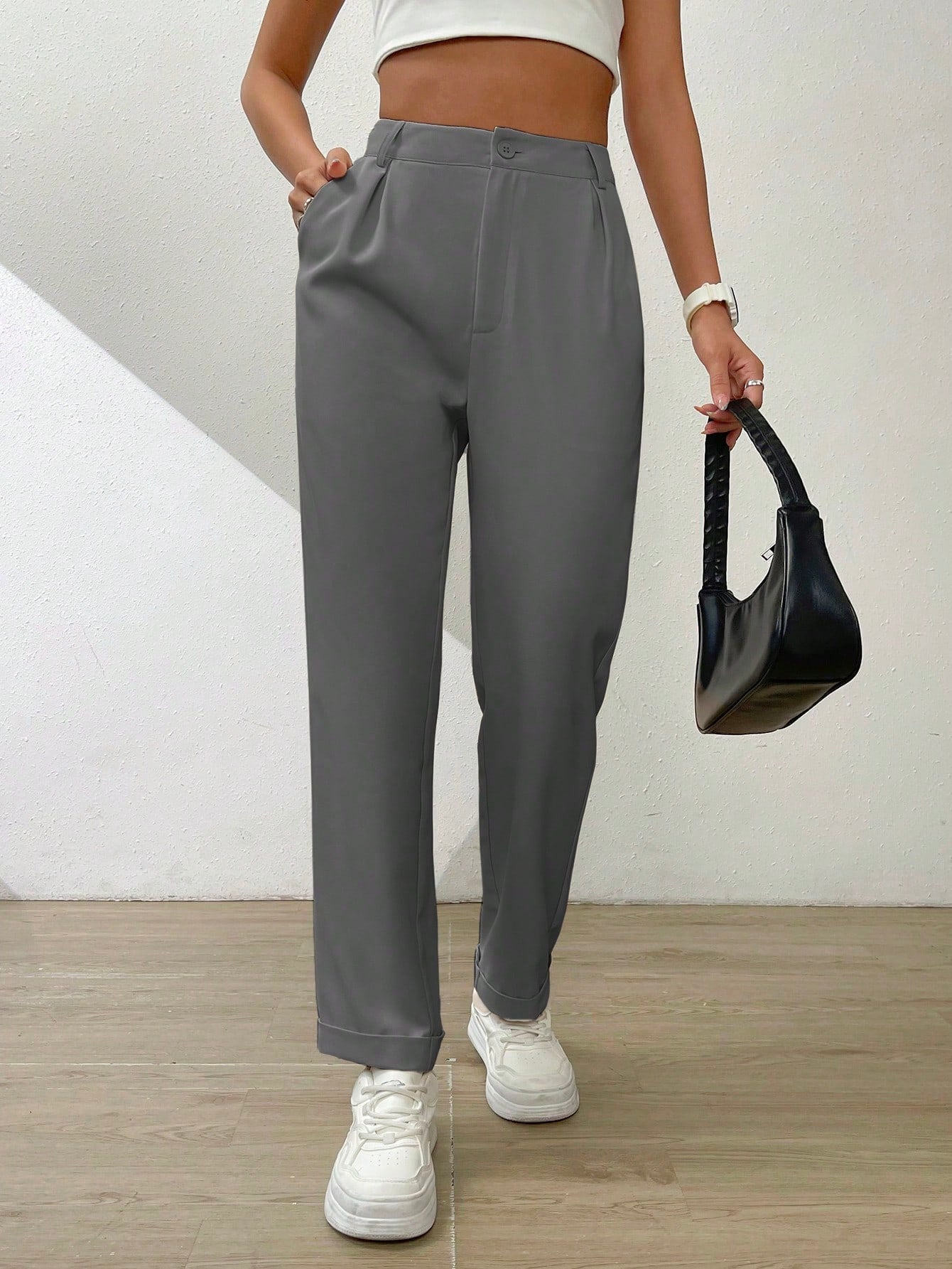 Solid Fold Pleated Slant Pocket Pants