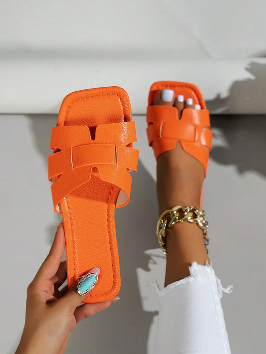 Women's Orange Snake Print Flat Sandals, Orange Women's Flat Sandals