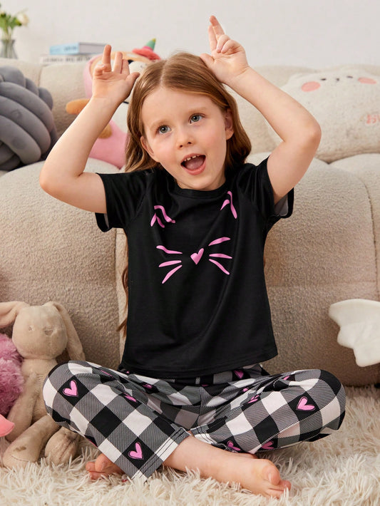 Young Girl Cartoon Graphic Tee & Gingham Pants PJ Set