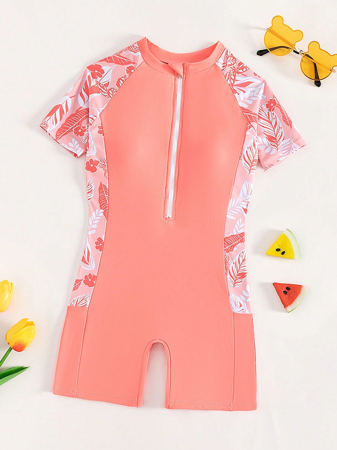 Tween Girl Floral Print Zipper Front One Piece Swimsuit