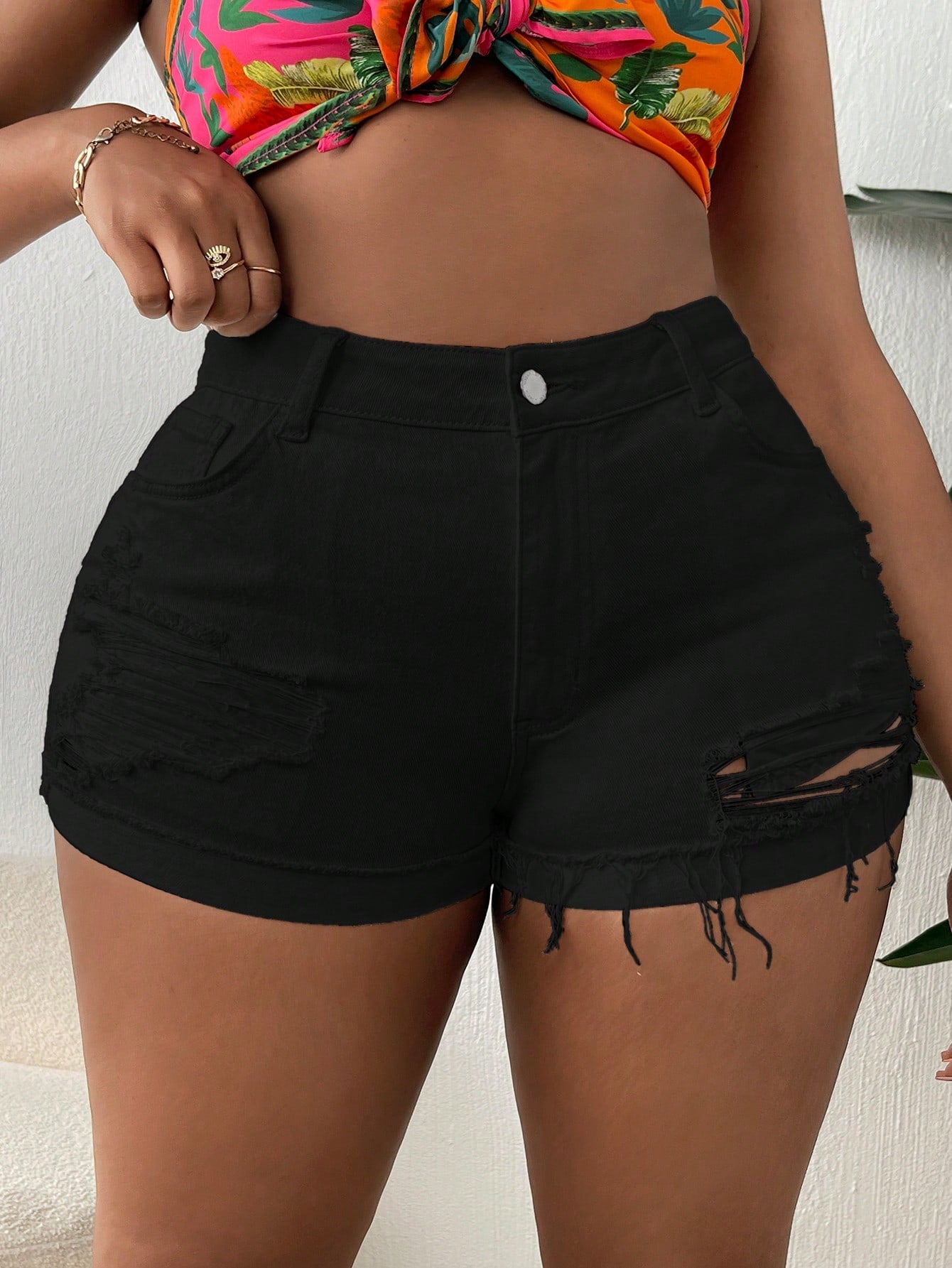 Plus Size Summer Solid Color Distressed Denim Shorts With Pockets And Button Closure