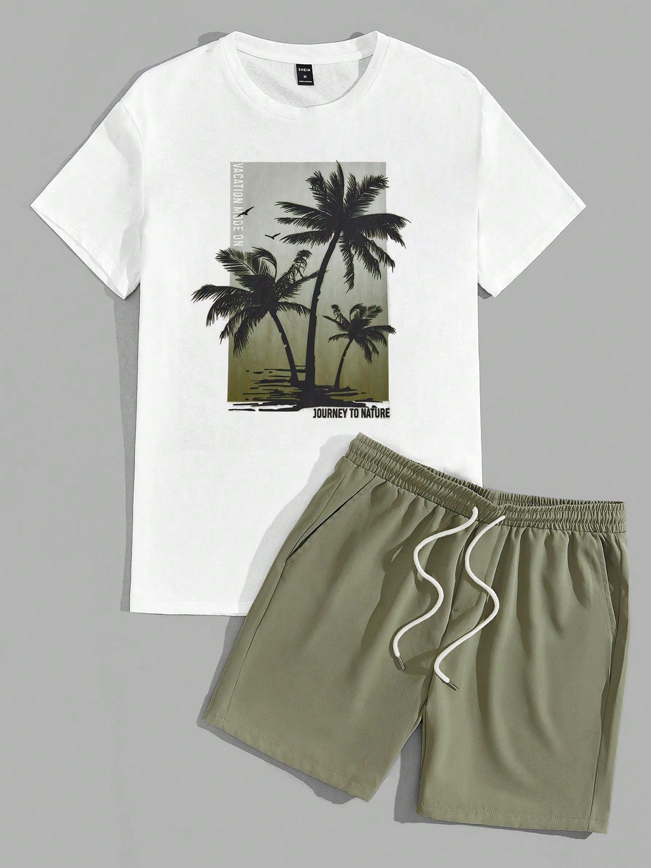 Men Tropical Print Tee & Drawstring Waist Shorts