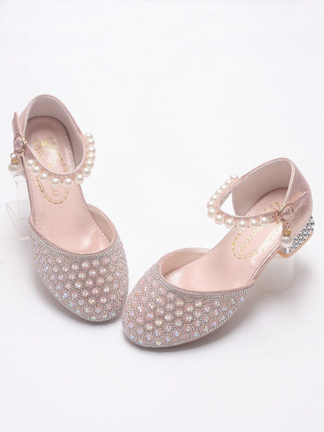 Children's Rhinestone Decorated Ankle Strap Glamorous High Heels Shoes