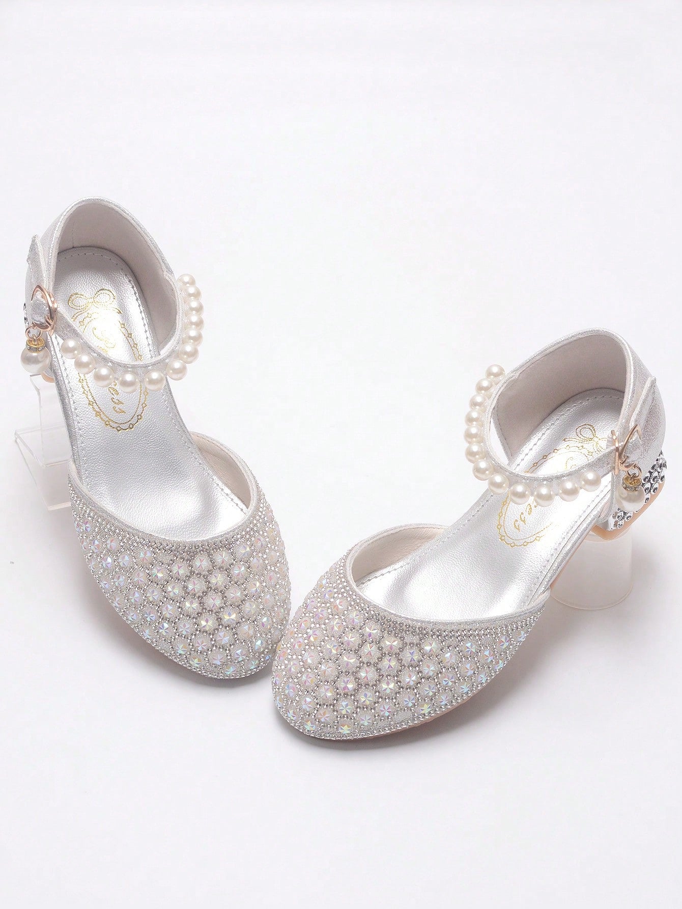 Children's Rhinestone Decorated Ankle Strap Glamorous High Heels Shoes