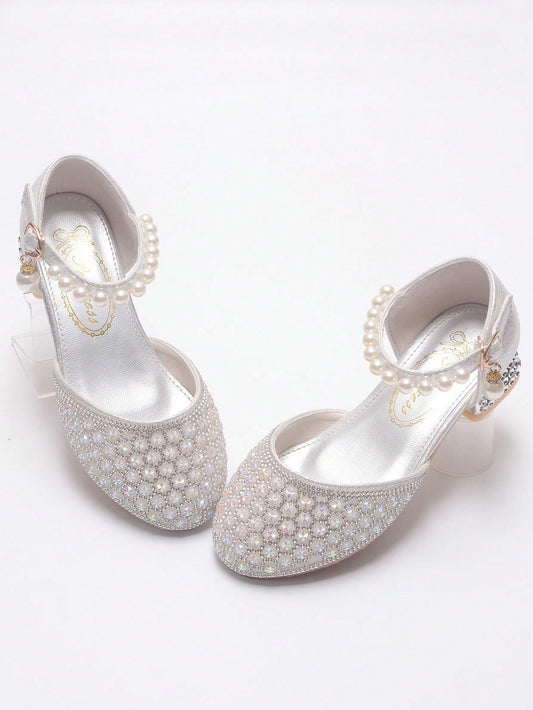 Kids' Sparkly Rhinestone Decor Ankle Strap High-heeled Shoes