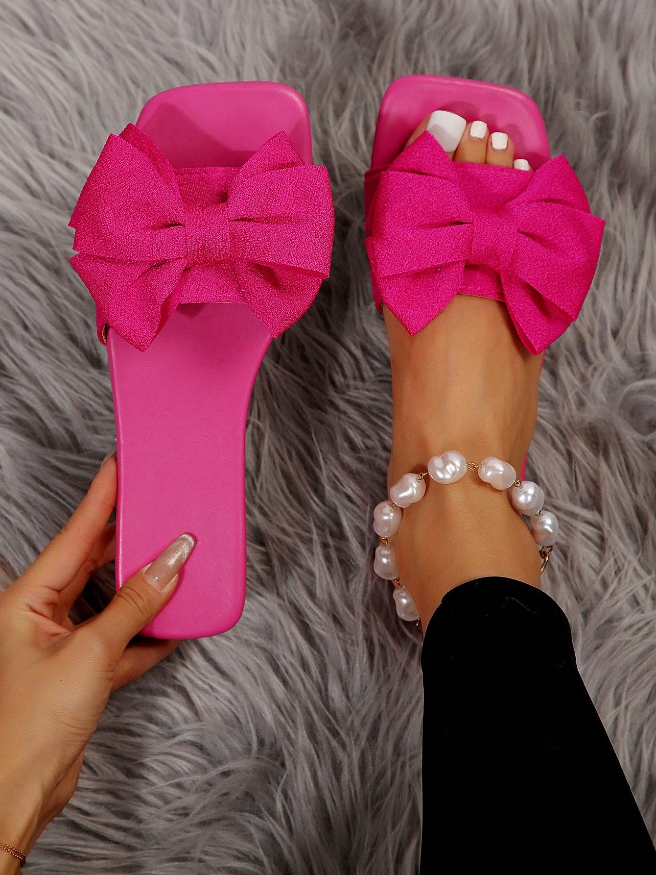 Bow Knot Slippers Hot Pink Sandals, Women's Stylish Beach Shoes With Anti-Slip Sole, Open Toe, Bowknot Design