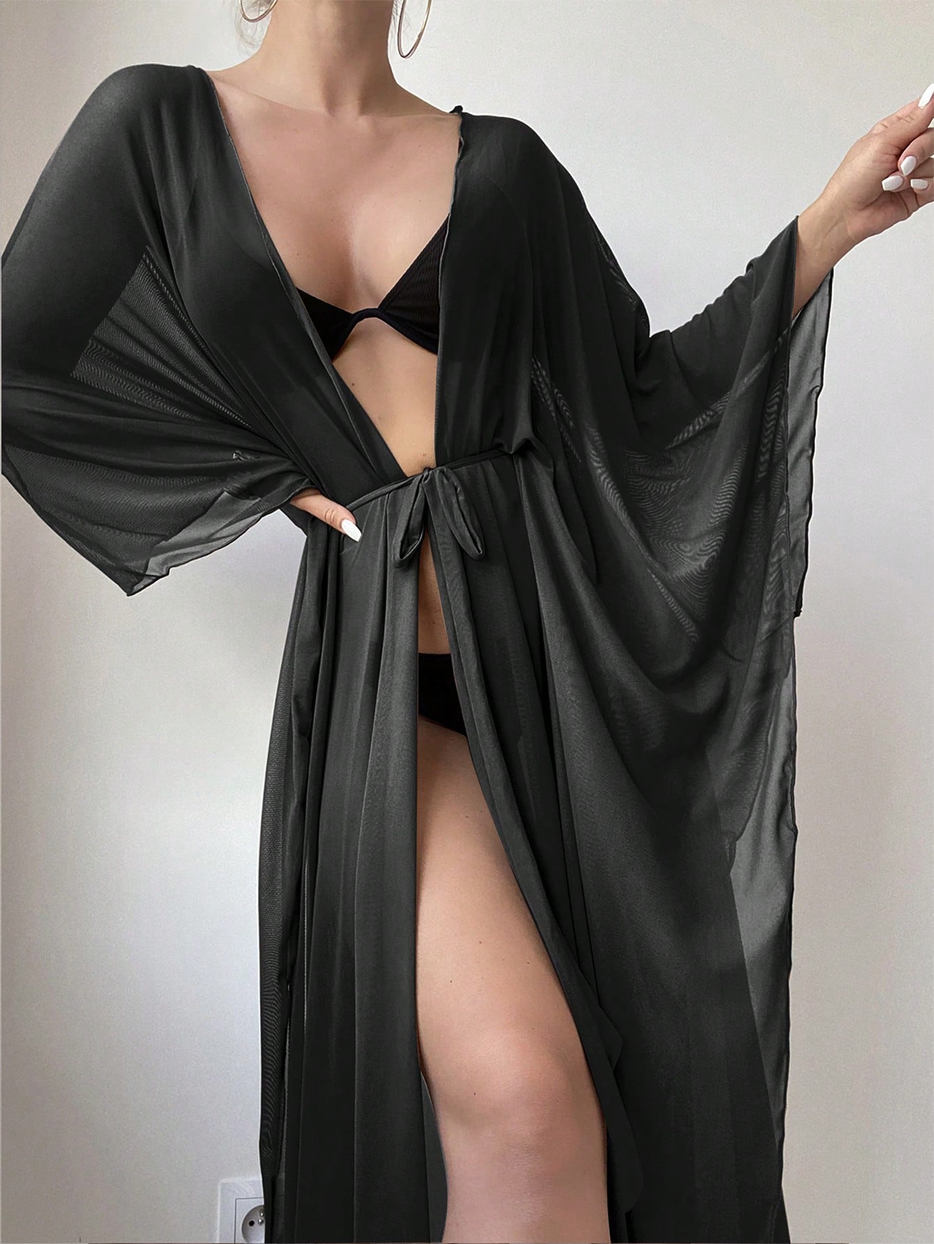 Swim Summer Beach Lettuce Trim Belted Kimono Without Bikini Set