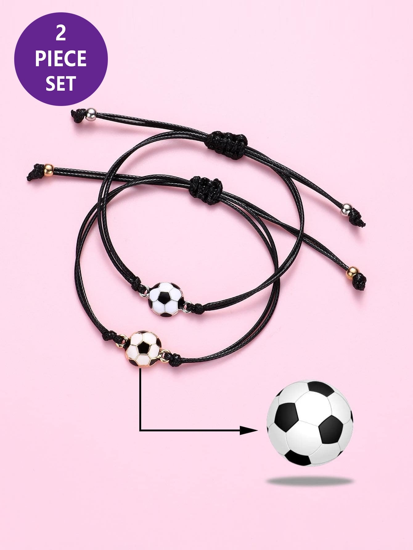 2pcs/Set Boys' Football Element Zinc Alloy & Black Wax Cord Braided Bracelet With Adjustable Size For Daily Wear, Gift