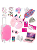 18 inch Doll Clothes and Accessories - Doll Travel Suitcase Play Set Including Suitcase Doll Clothes, Shoes, Sunglasses, Camera, Unicorn Pillow, for 18 inch Girl Doll