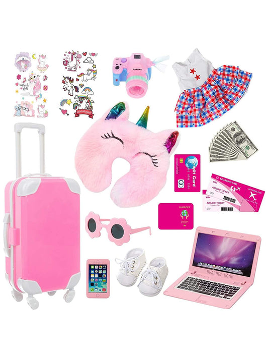 18 inch Doll Clothes and Accessories - Doll Travel Suitcase Play Set Including Suitcase Doll Clothes, Shoes, Sunglasses, Camera, Unicorn Pillow, for 18 inch Girl Doll