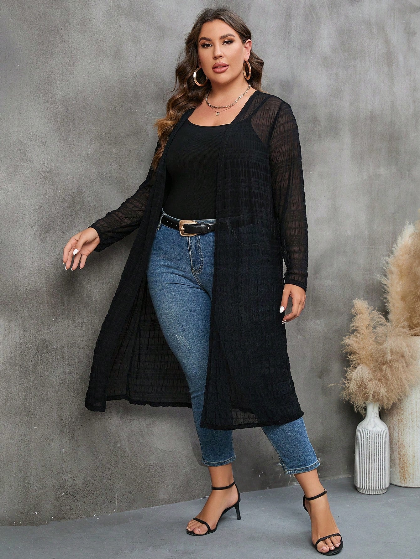 Plus Size Casual Long Sleeve Kimono Style Top For Everyday Wear