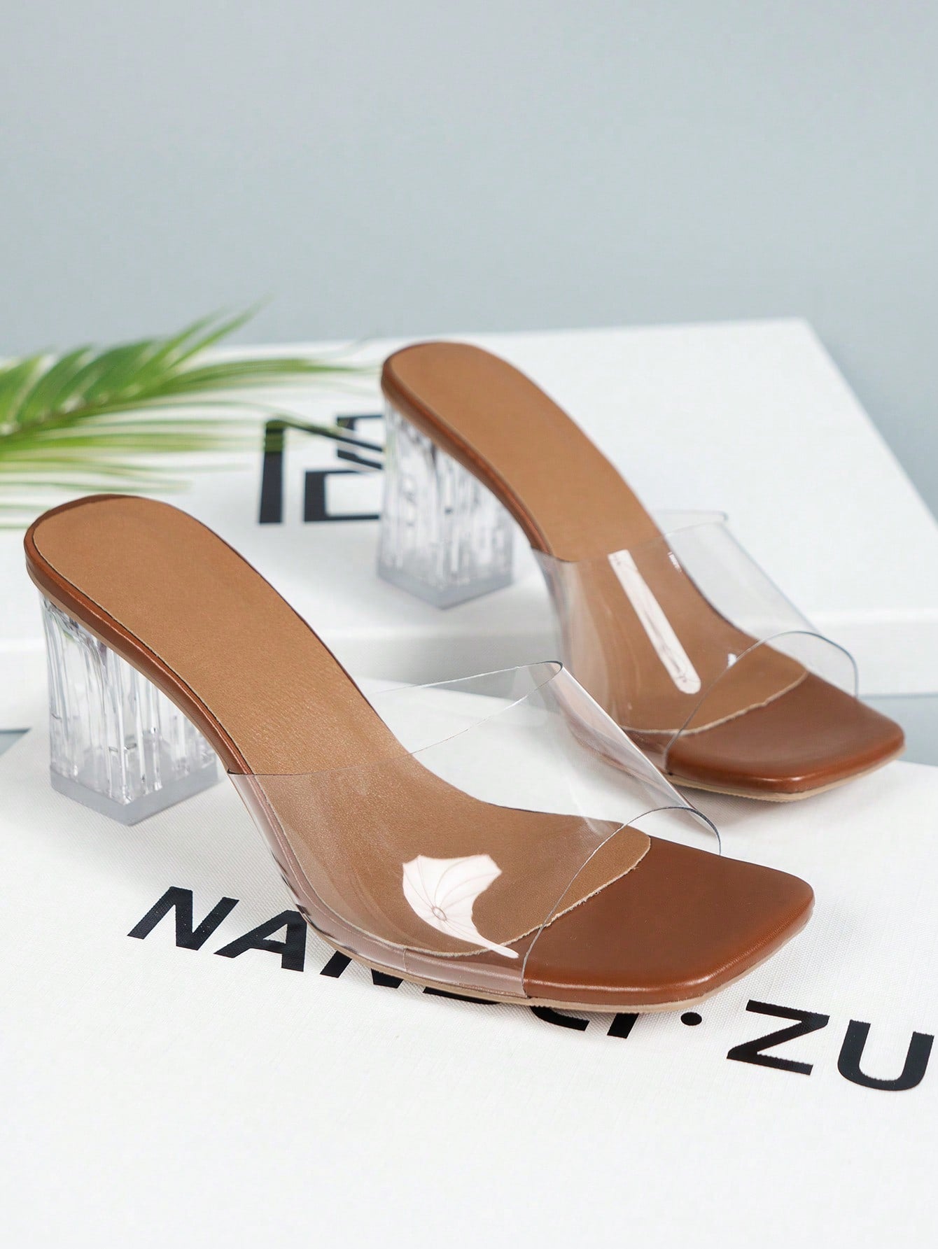 Fashion Sandals For Women, Clear Chunky Heeled Mule Sandals