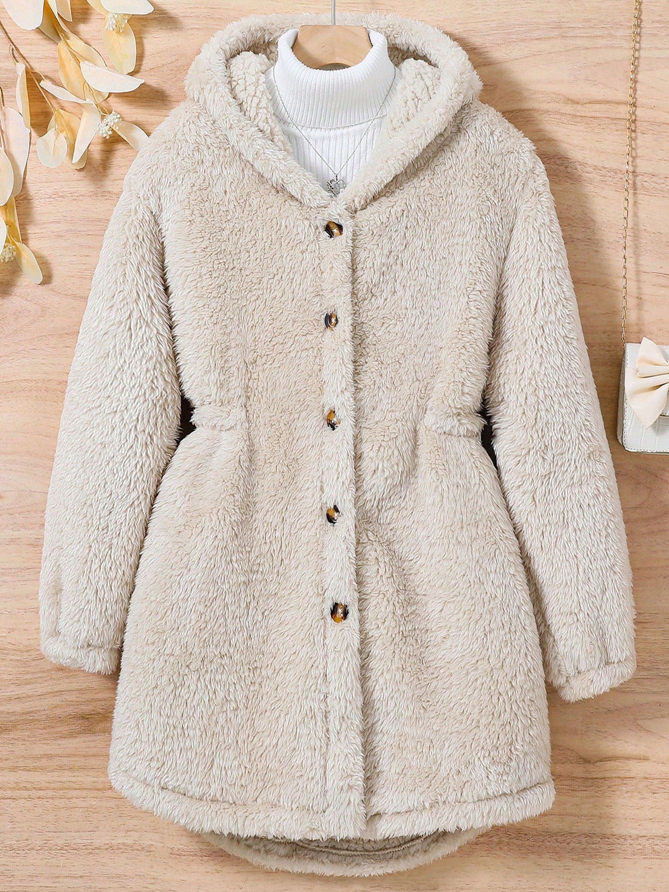 Tween Girl 1pc Button Front Hooded Teddy Coat