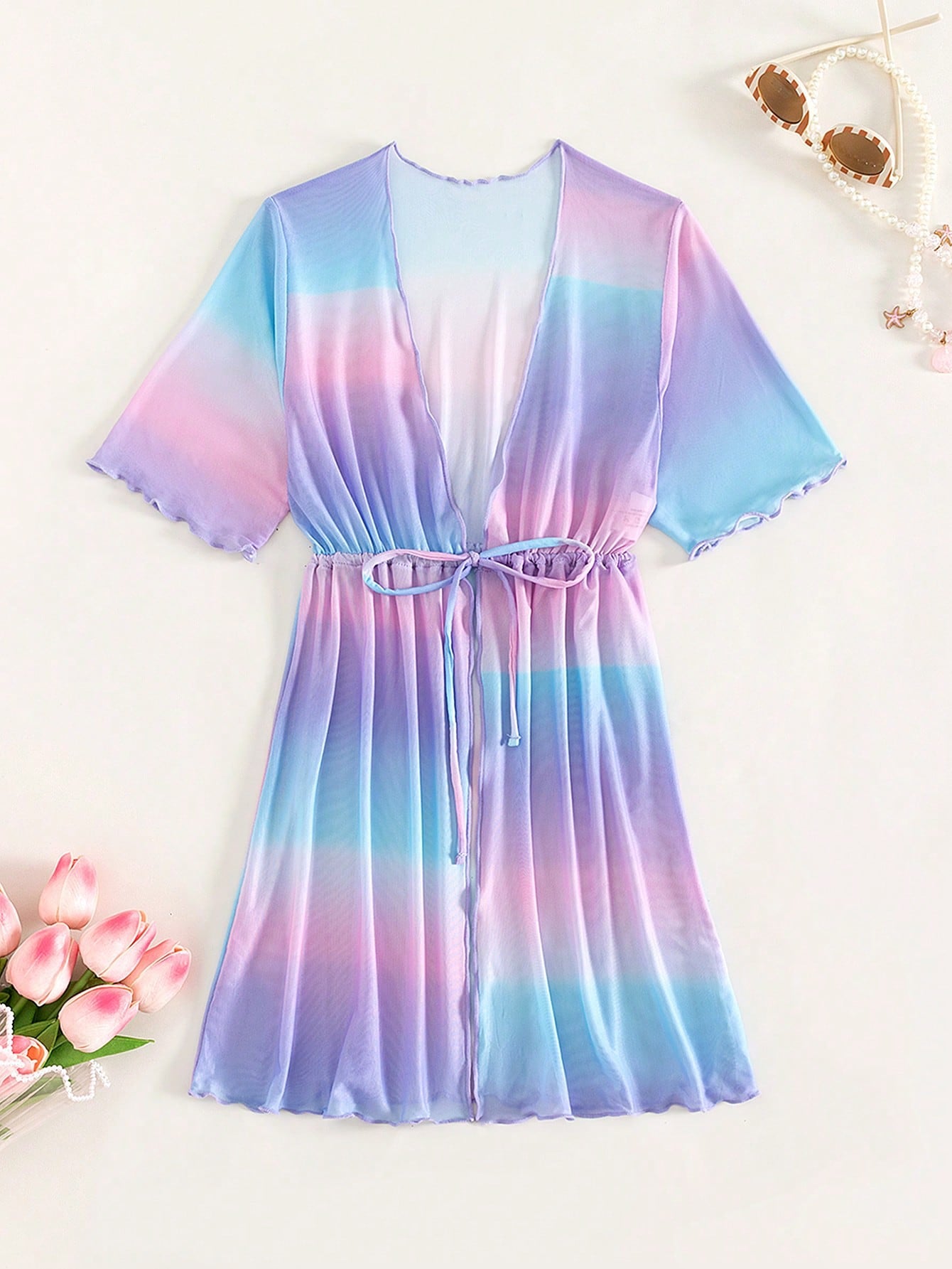 Tween Girl Ombre Print Drawstring Waist Kimono