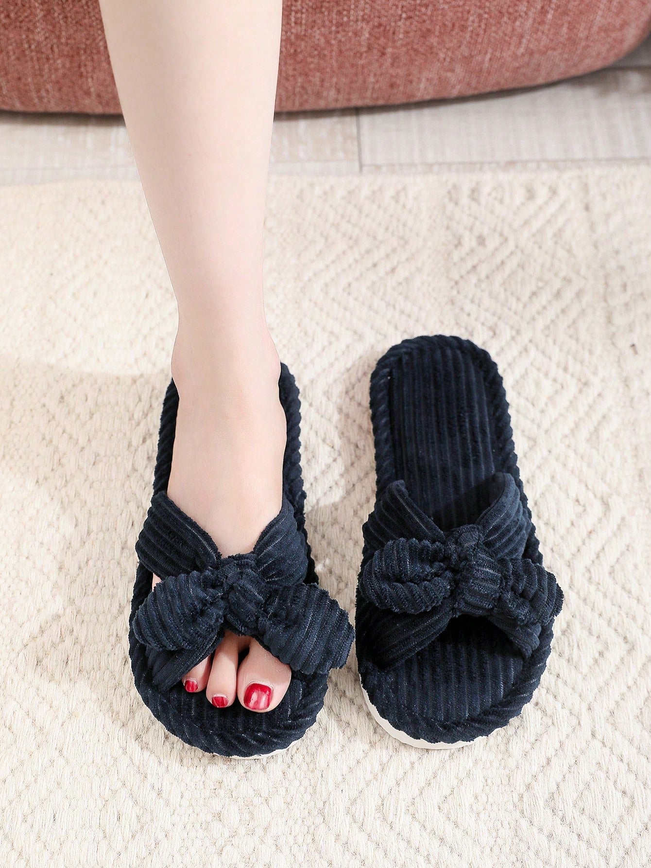 Red Bow Open Toe Slippers, Soft Indoor House Shoes With Quiet Wood Floor Bottoms For Spring And Autumn