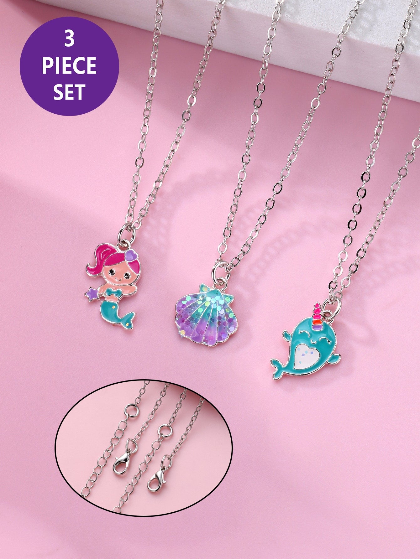 3pcs/Set Mermaid, Shell, Dolphin Shaped Zinc Alloy Ocean Style Animal Pendant Necklaces, Colorful Oil Drip Design, Cute Jewelry Gift For Girls And Best Friends